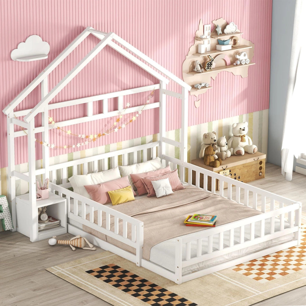Letto a Casetta per Bambini 140 x 200 cm; Letto Singolo con Sponda e Comodino; senza Materasso; Bianco
