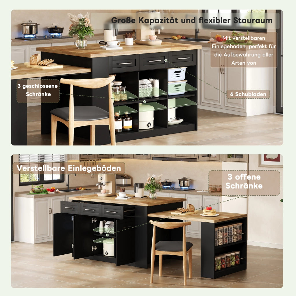ISOLA CUCINA Multifunzionale 150x90x90 cm Nero/Naturale con tavolo estraibile