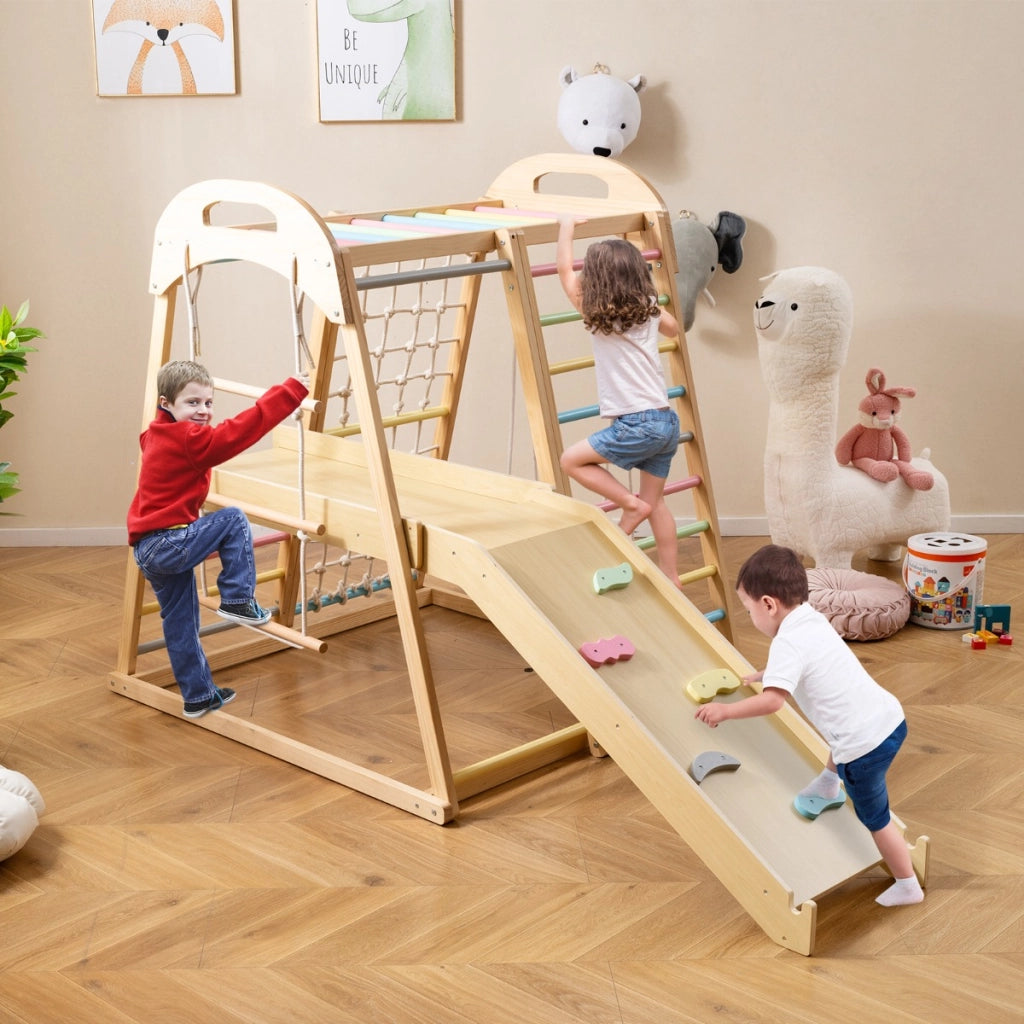 Set da arrampicata in legno con scivolo barra delle scimmie scala a corda, Palestra per bambini 8 in 1 con piattaforma-Arrampicate e scivoli