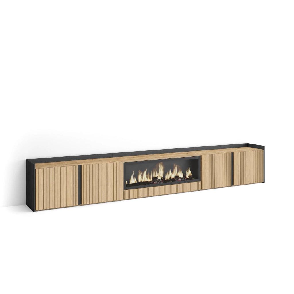 Mobile TV Soggiorno, 315x50x35 cm, Per TV fino a 80", Camino elettrico XXL, Rovere e nero