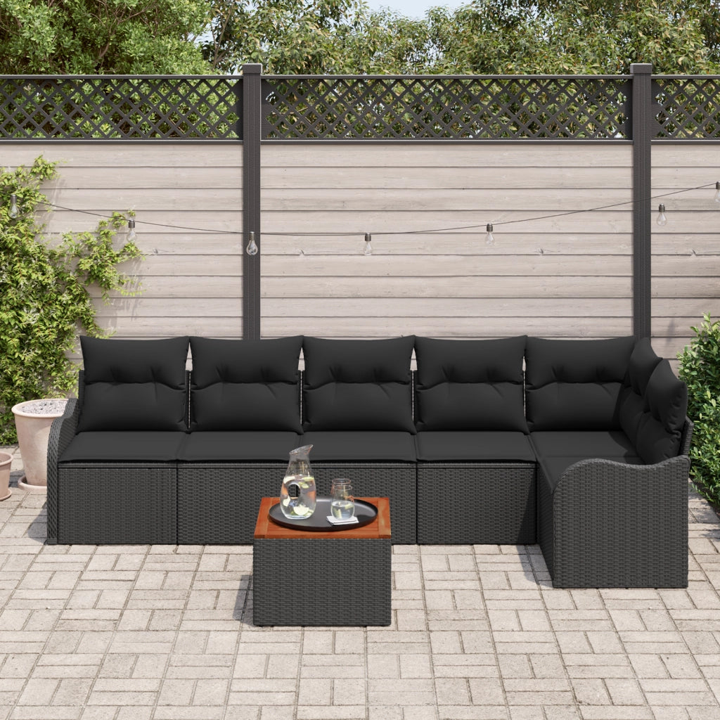 Set Divano da Giardino da 7 Pezzi con Cuscini Polyrattan Nero Acacia