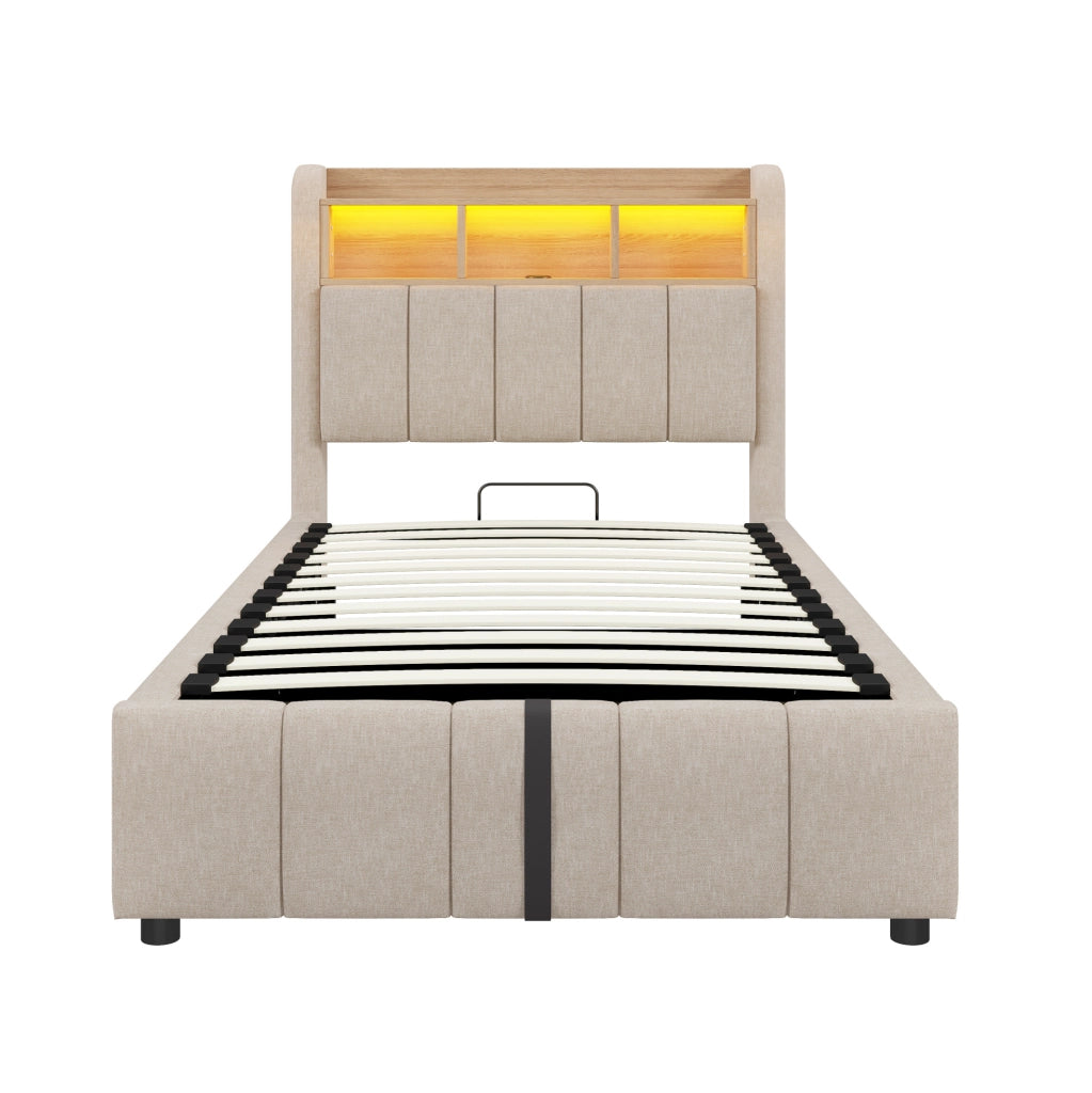 Letto imbottito 90x200 cm con LED, USB e vano contenitore in tessuto di lino beige