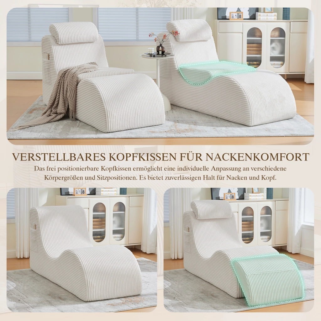 Poltrona singola ergonomica con tasca laterale e cuscino removibile in velluto a coste beige 160 × 66 × 90 cm
