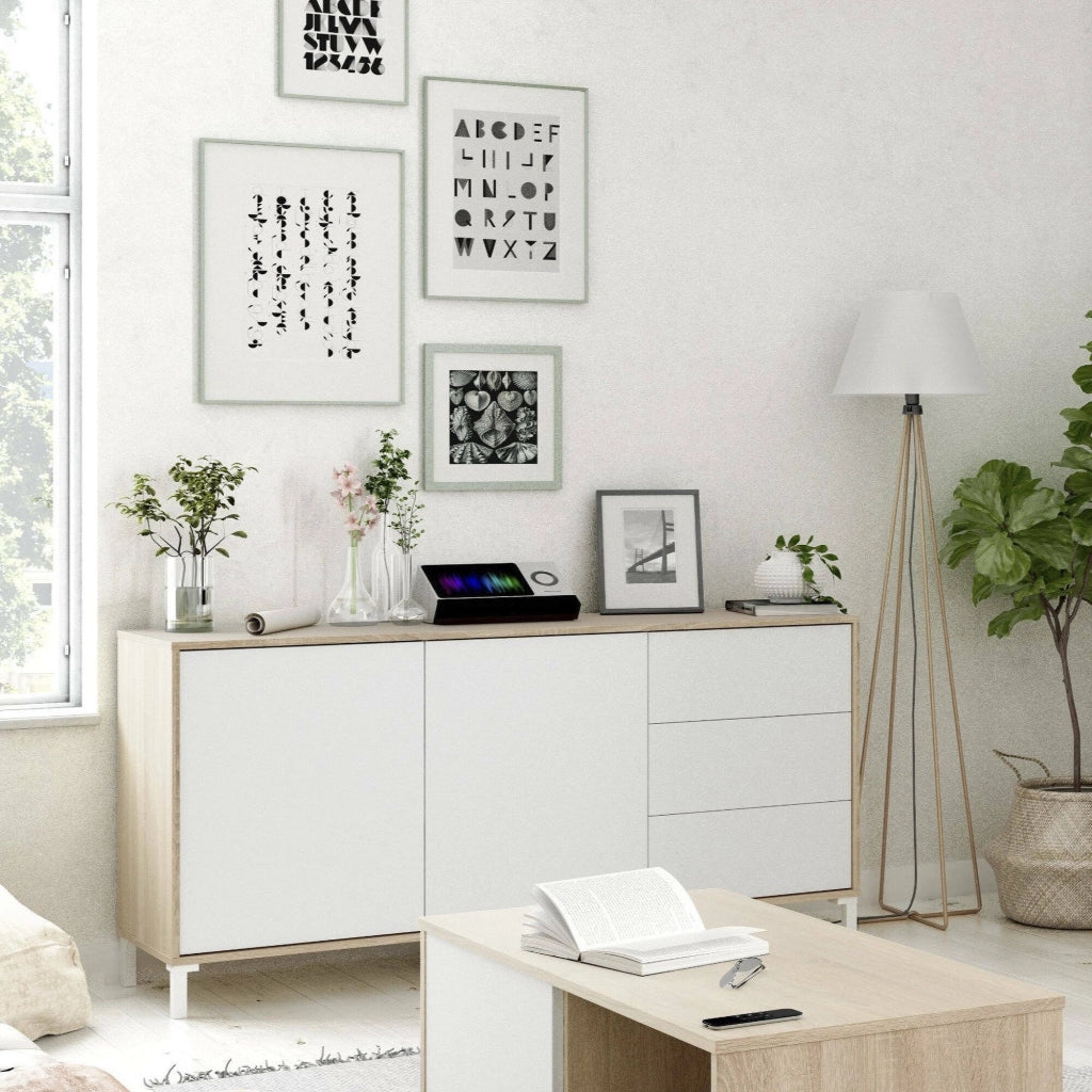 Credenza Ardelia, Madia moderna a 2 ante e 3 cassetti, Buffet da soggiorno, Mobile porta TV, Madia per salotto, cm 154x41h74, Rovere e Bianco