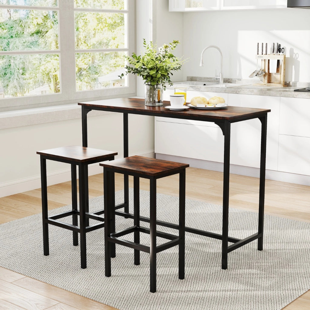 Set da pranzo 3 pezzi con tavolo industriale alto 120 cm, 2 sgabelli da bar e sedie per spazi piccoli Marrone-Tavoli e sedie da pranzo