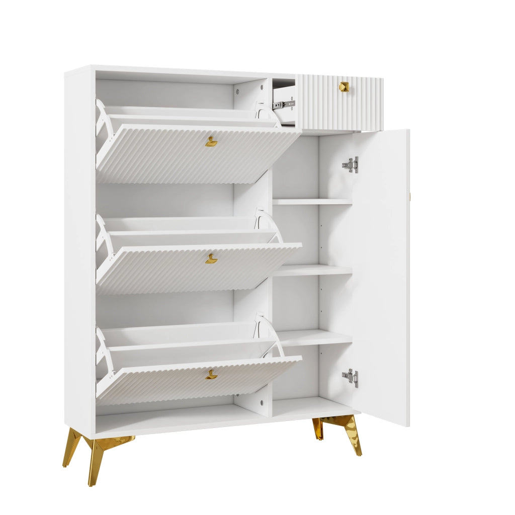 Mobile portascarpe bianco con 3 ribalte, 1 cassetto e 1 anta, struttura salvaspazio con piedini e maniglie in metallo