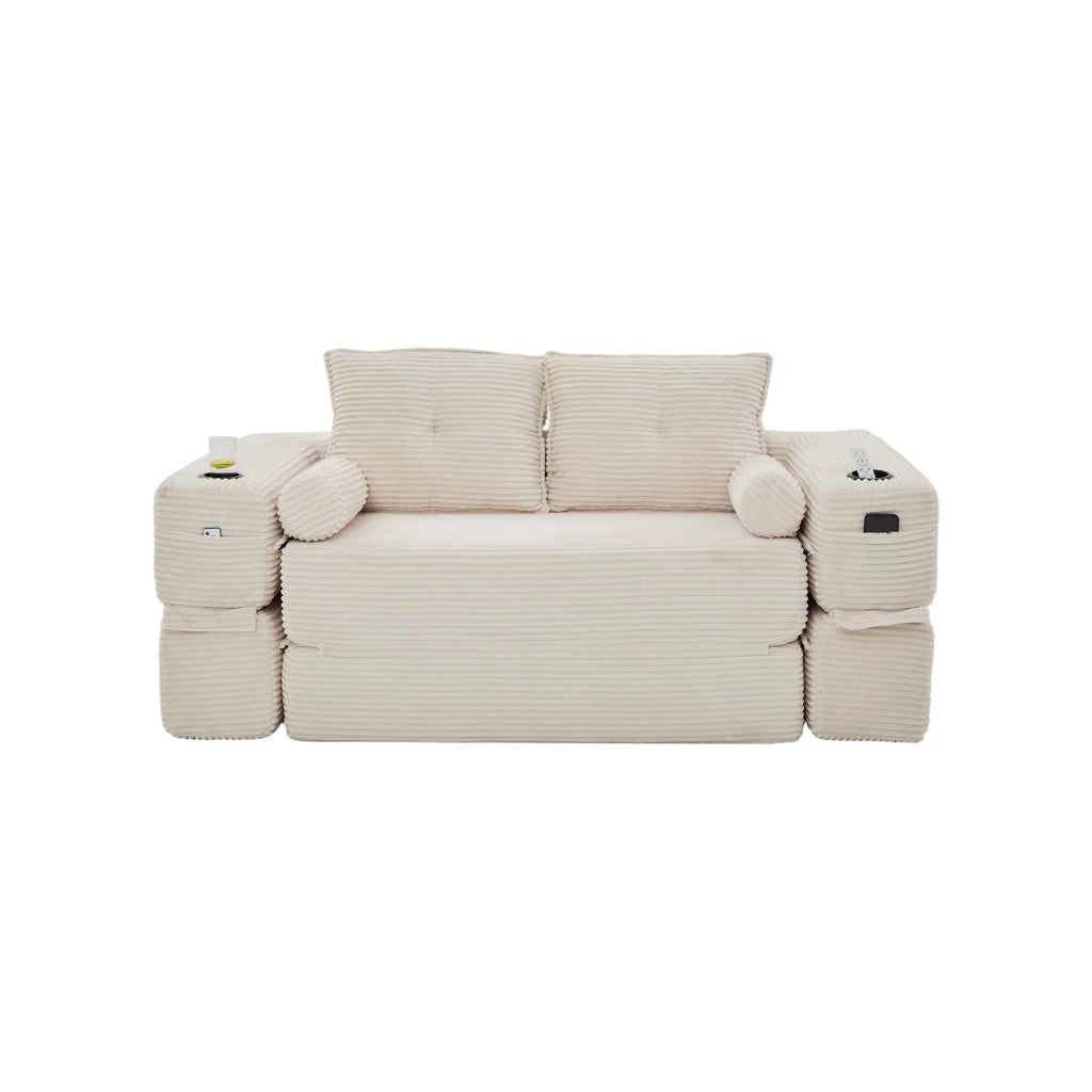 Divano letto multifunzionale in corduroy beige, struttura con molle e cuscini memory, 180x98x80 cm