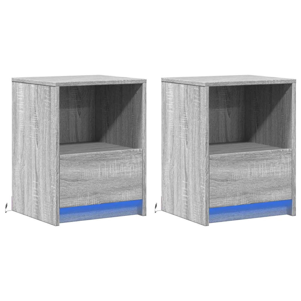 Set di 2 Comodini | Armadio da Notte | Mobiletto da notte con Luci LED Grigio Sonoma in Legno Multistrato