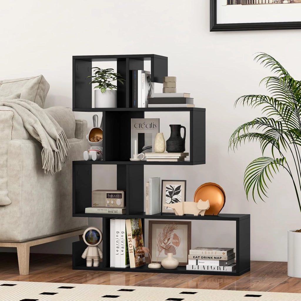 Libreria a Forma di S a 4 Ripiani, Scaffale Aperto Portaoggetti in Legno, Scaffale Verticale Separatore Multifunzionale, per Camera da Letto, Studio, Soggiorno, 80 x 22 x 100 cm (Nero)