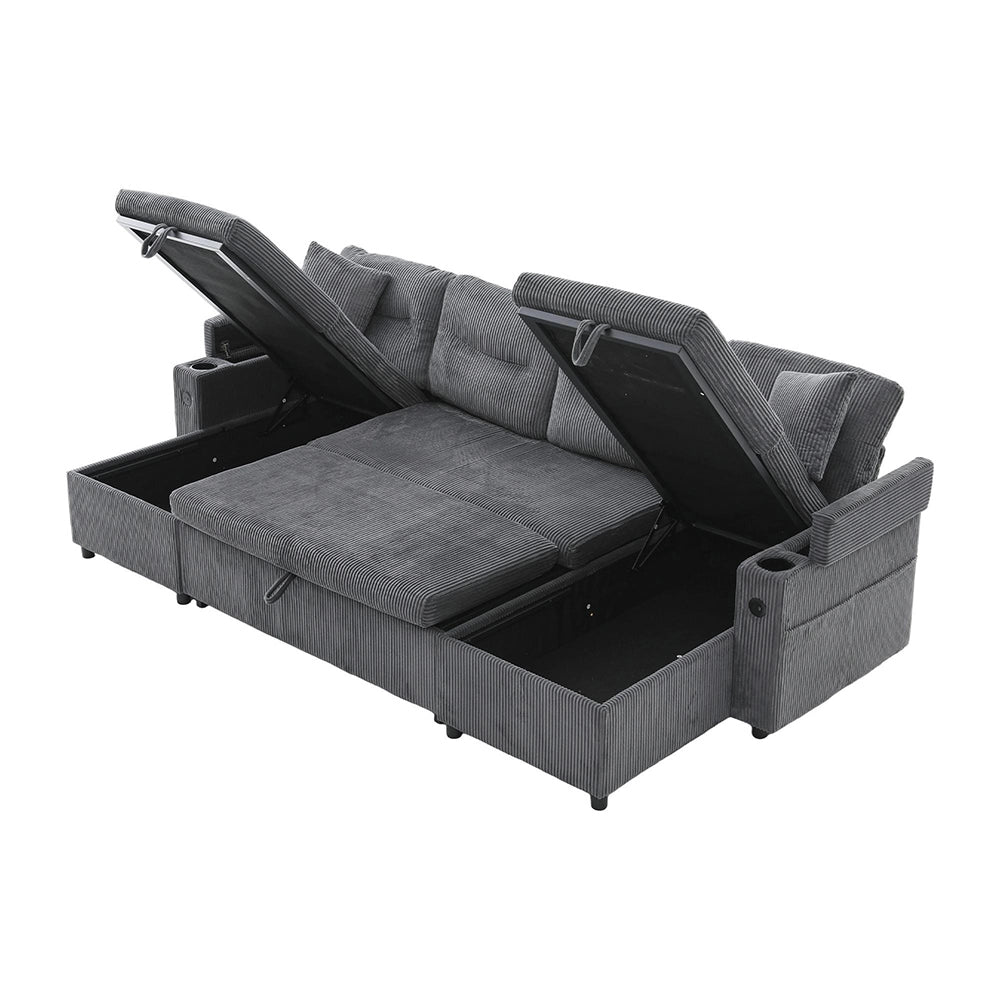 Divano moderno in velluto per 4 persone - Xylo - Con chaise longue, spazio di archiviazione, porta bevande, porte USB e funzione letto