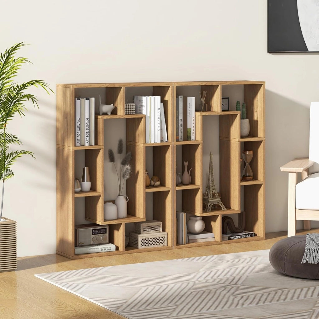 Libreria in Legno, Scaffale Aperto Geometrica a 7 Cubi, Scaffale da Esposizione con Dispositivo Anti-Ribaltamento, per Ufficio Soggiorno Camera da Letto, 60x20x90 cm (Naturale)