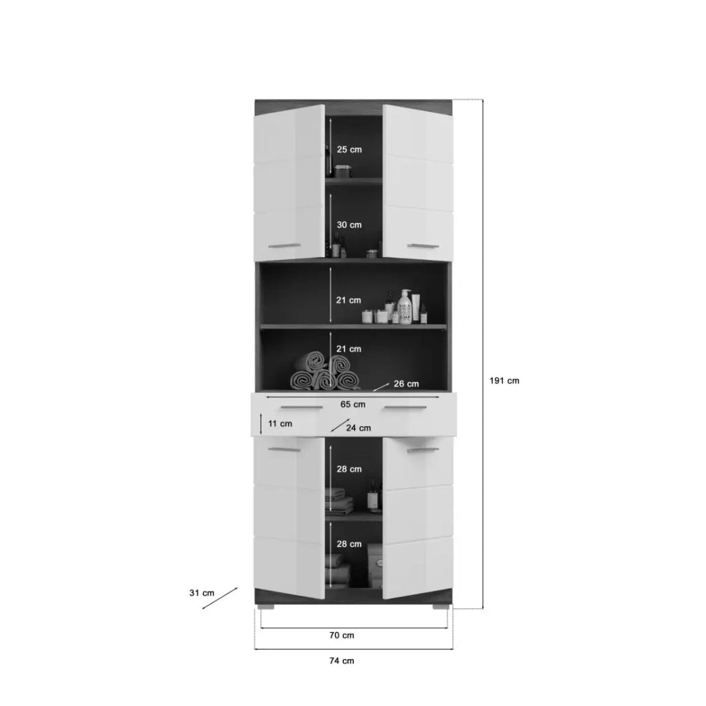 Colonna da bagno SCOTT – 4 porte e 1 cassetto – Grigio scuro e bianco – 74x191x31 cm