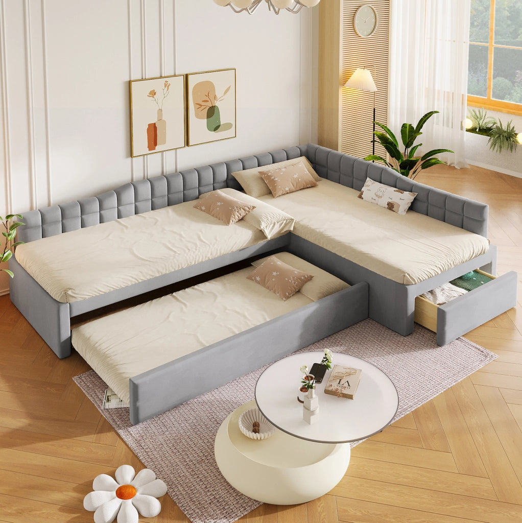 Letto a L 90x200 cm con letto estraibile e cassetti in flanella grigio