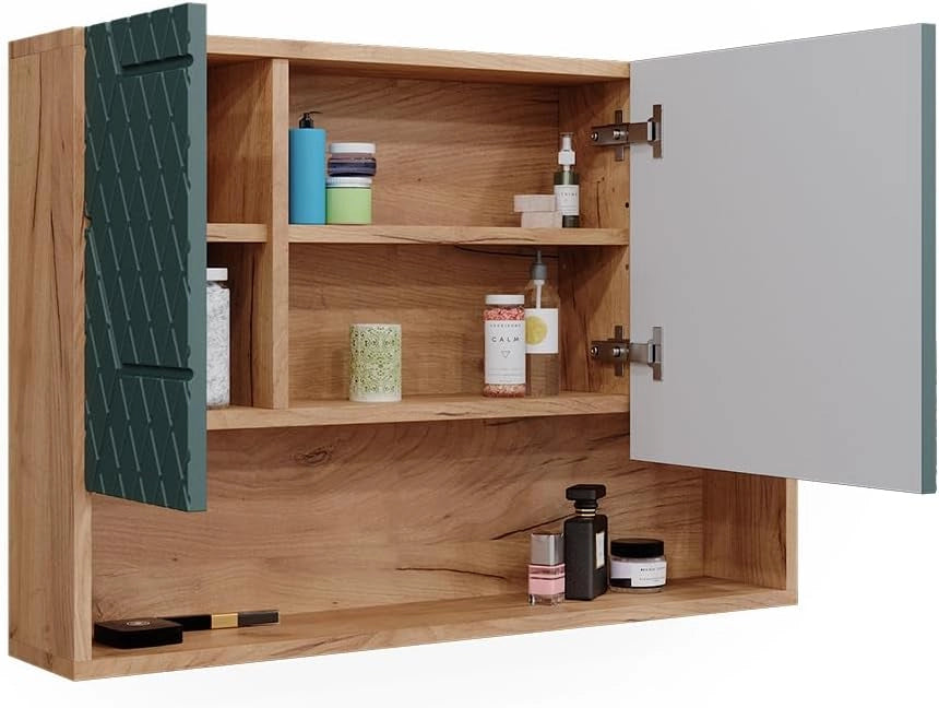 Mobile da bagno con specchio Irma, Quercia verde/oro, 80.1 x 55 cm, con specchio e ripiani aperti per montaggio a parete