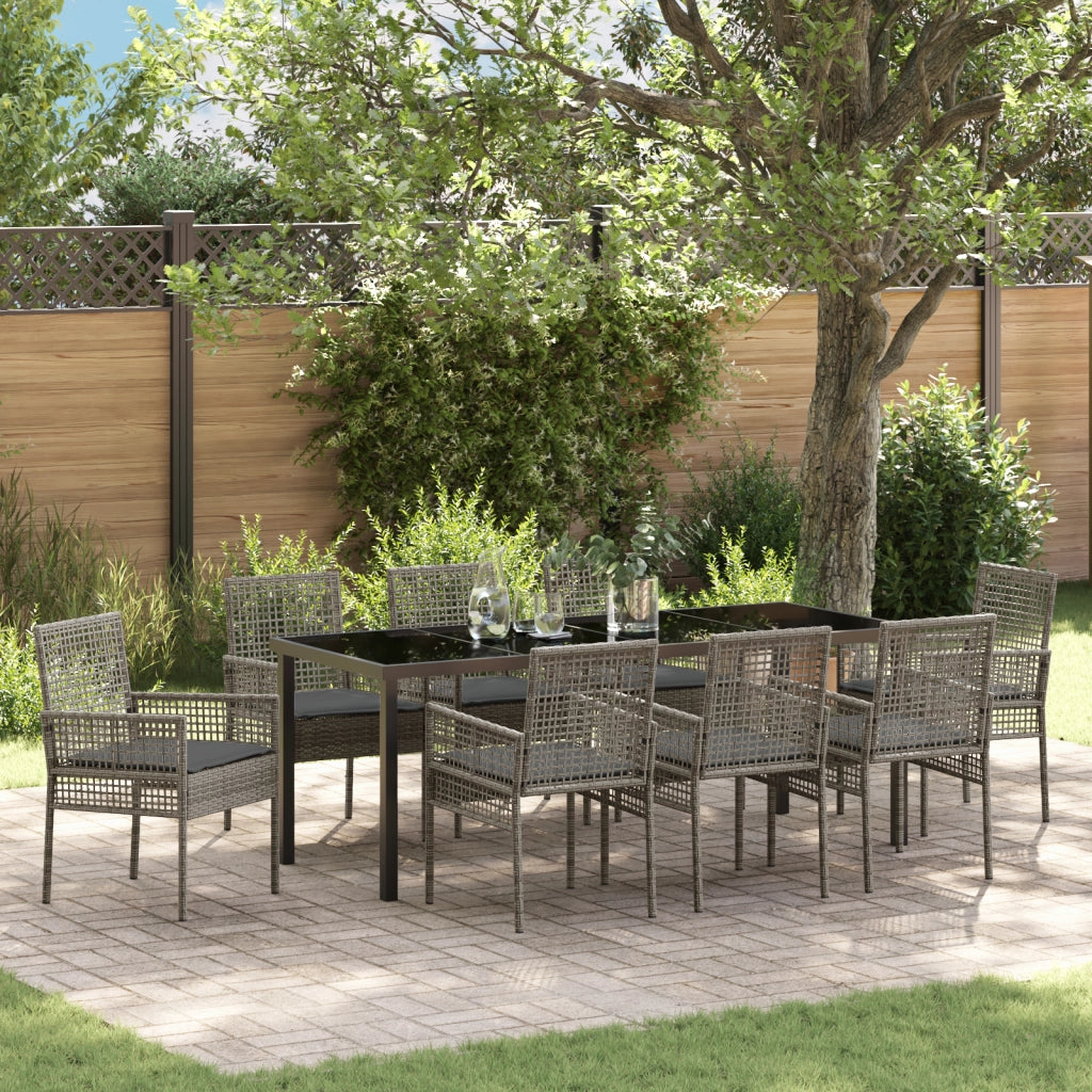 Set da pranzo per giardino 9 pezzi con cuscini grigio in polyrattan