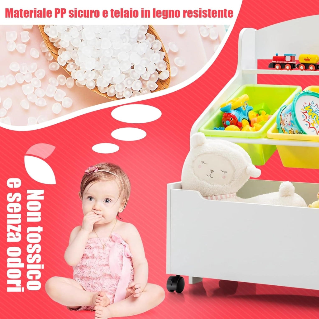 Scaffale Libreria per Bambini, Mobile Portalibri con Contenitori e Cassetti, 76 x 38 x 63,5 cm (Bianco)