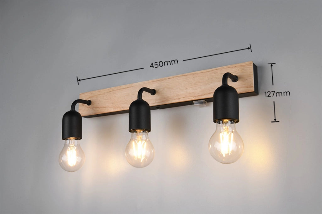 Applique bagno industrial legno chiaro/nero 3xE27 IP44