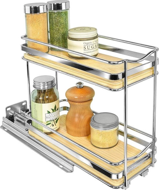 Kruidenrek astraente per armadio - 2 livelli - organizzatore di spezie con chiusura scorrevole in legno e acciaio inox