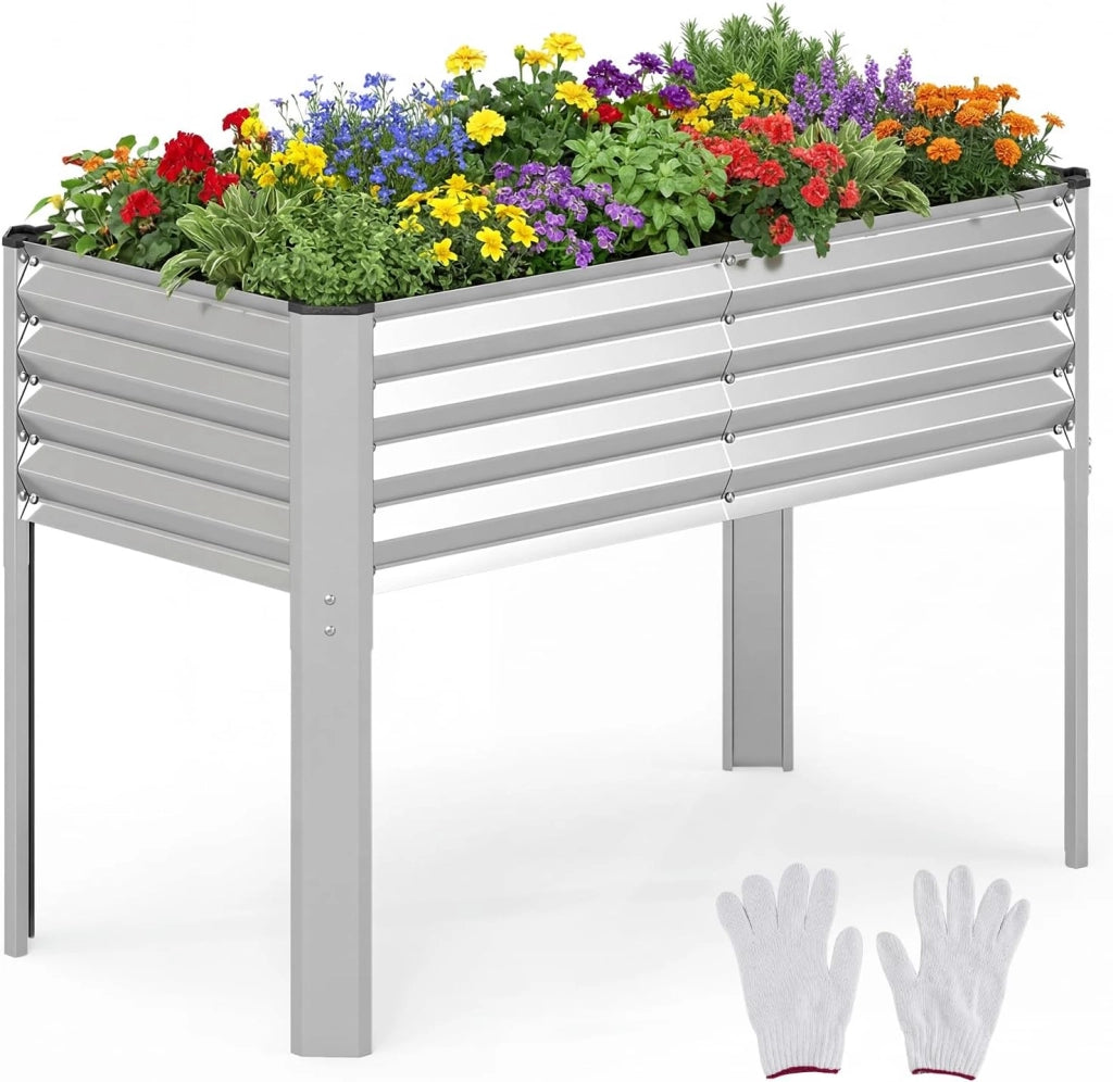 Fioriera Rialzata da Esterno, Orto Rialzato da Giardino in Metallo con Fori di Drenaggio, Altezza Ergonomica e Guanti, Letto Elevato da Giardino Rettangolare per Piante e Fiori, (Argento)