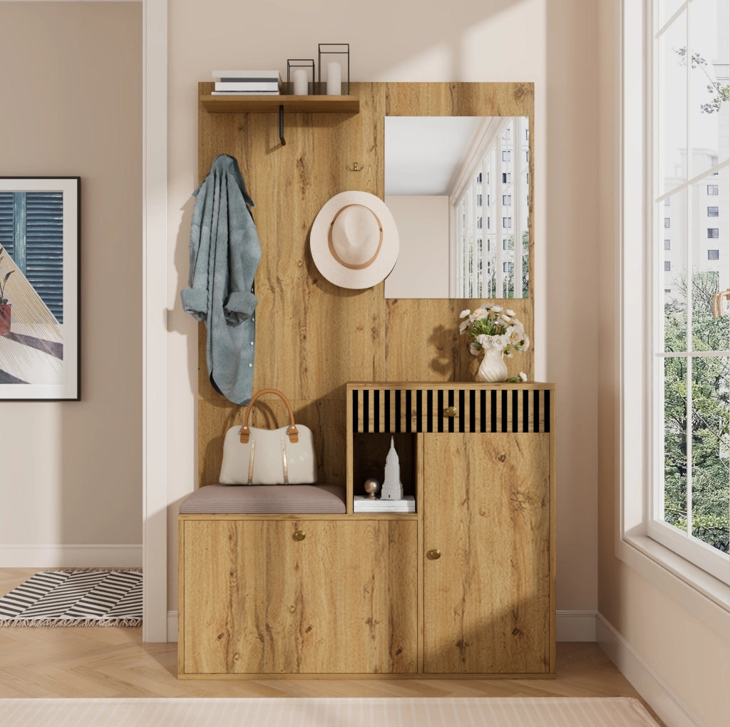 Mobile ingresso con specchio; seduta imbottita e ripiani regolabili 110 x 37 x 185;5 cm; nero e naturale