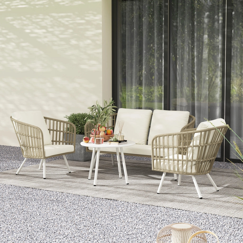 Set da giardino in polyrattan con divano 2 posti ¨C zephmum ¨C 4 pezzi, cuscini, colore khaki