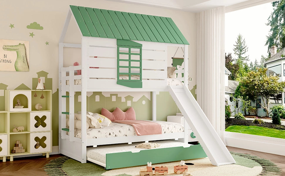 DESMIU Letto a castello casetta 90 × 200 cm 2 posti con scivolo e letto estraibile senza materasso in MDF bianco verde
