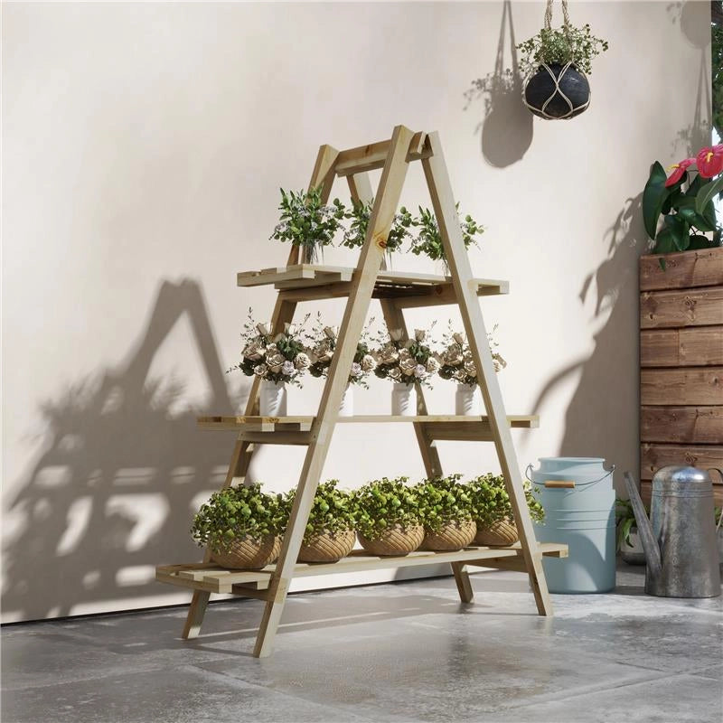 PORTAPIANTE VERTICALE 3 LIVELLI A DOGHE IN ABETE, 100X36X112 CM, COLOR LEGNO