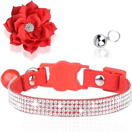 Collare con Campanello Bling per Cuccioli - Cinturino di Pelle morbido con Cristalli per Collare di Donna (Rosso caldo-1)