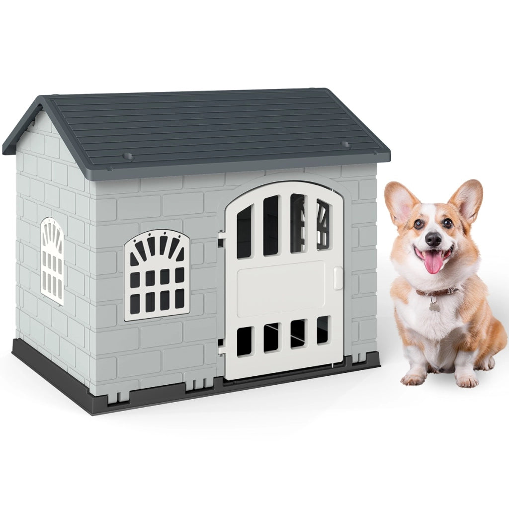 Rifugio per animali domestici da esterno e interno con porta bloccabile, Cuccia per cani in plastica impermeabile Grigio scuro-Casette e lettini