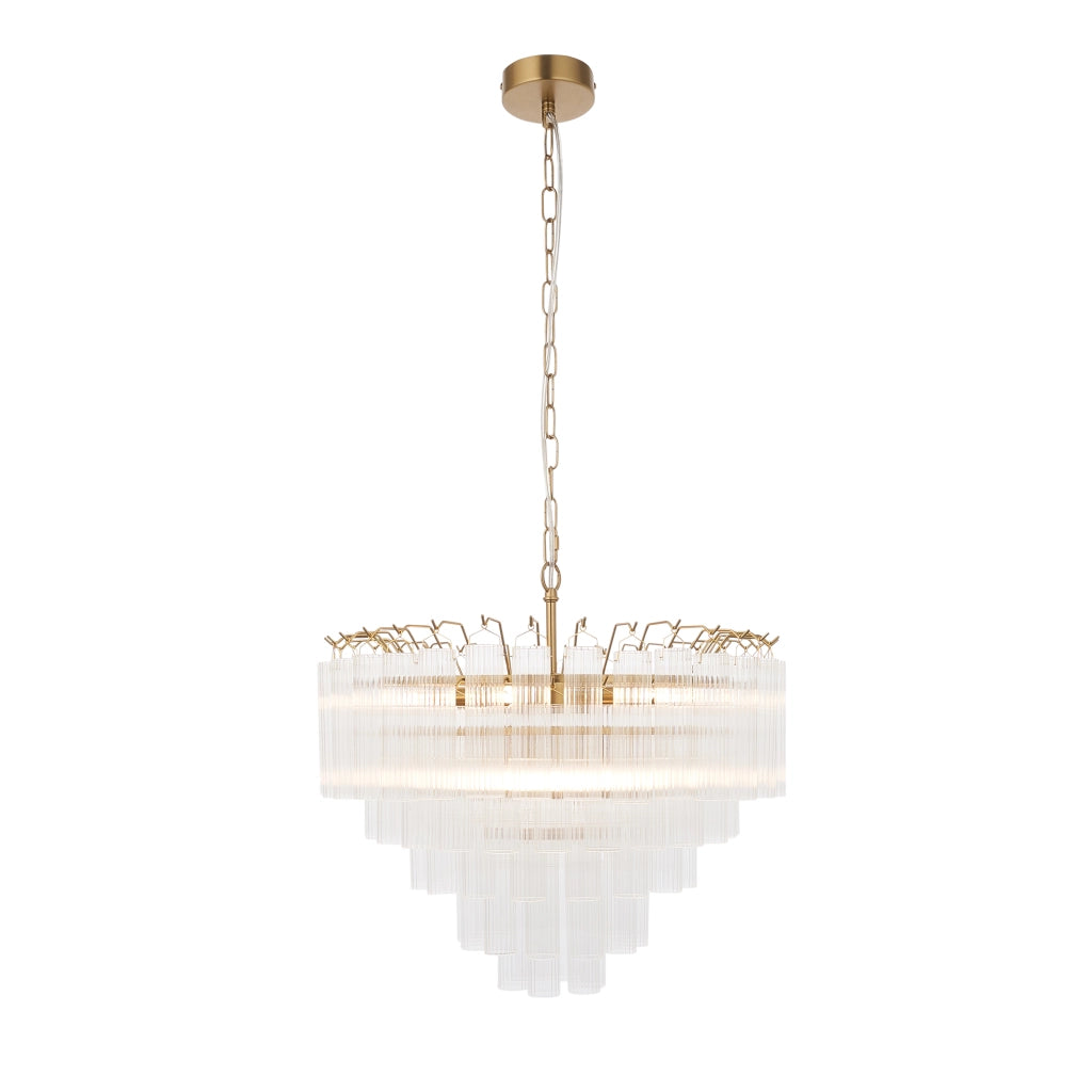 Lampadario TOULOUSE glamour ottone satinato vetro rigato 12xG9