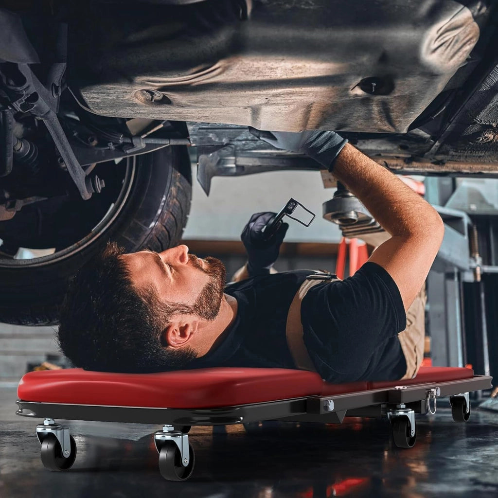 COSTWAY 2 in 1 Sgabello da Officina a Forma di Z, Carrello Meccanico sotto Auto con Sedile Imbottito e Ruote Girevoli a 360°, Portata 150 kg, per Garage e Officina (Rosso)