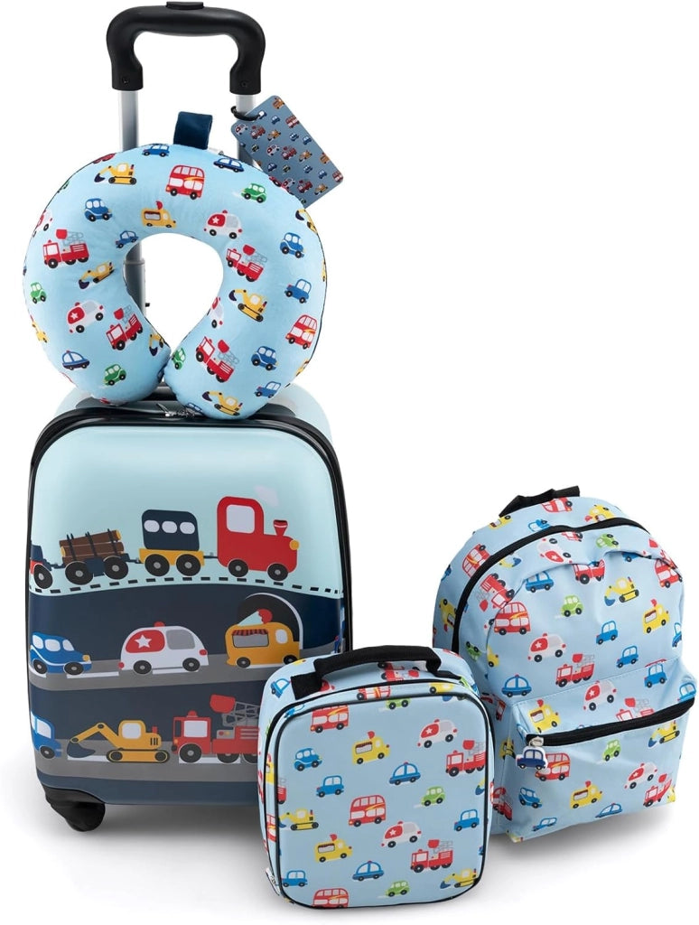5 Pezzi Valigia per Bambini, Valigia con ManicoTelescopico da 16" con 13" Zainetto, Cuscino per Il Collo, Etichetta per Bagaglio, Borsa per Il Pranzo, con Ruote Girevoli a 360 ° (Modello 3)