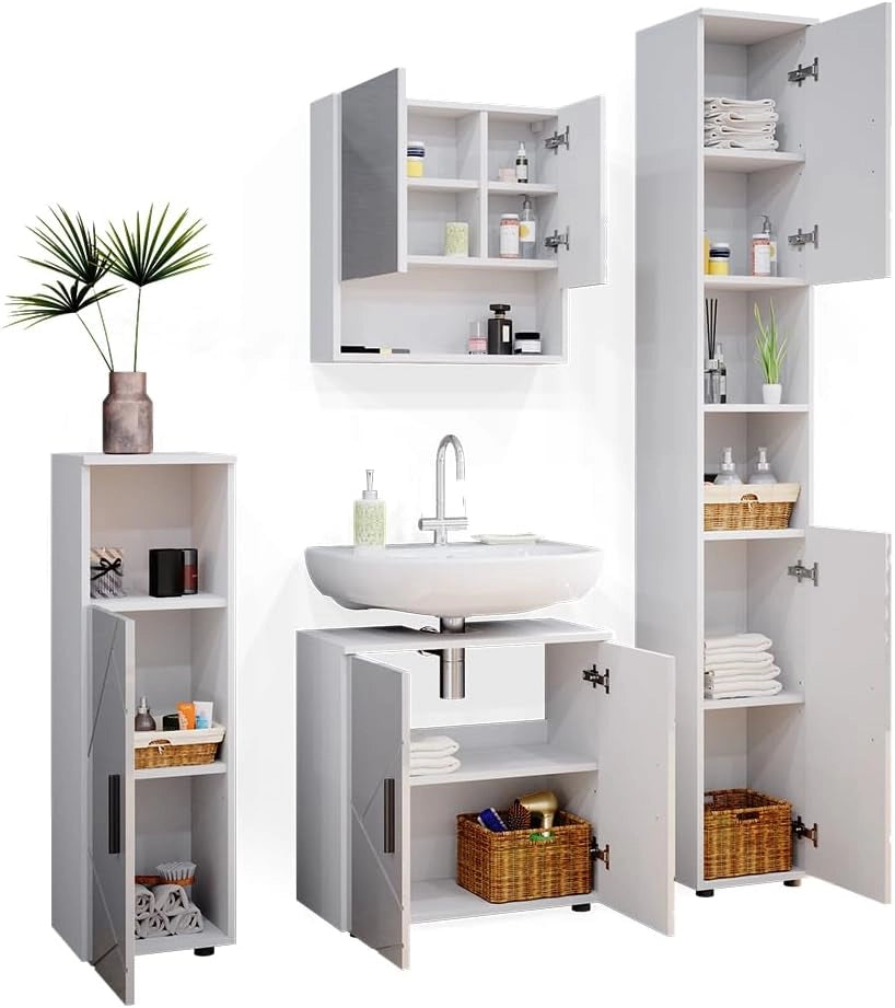Set mobili bagno Irma, Bianco lucido, 80 cm, composto da mobile lavabo, pensile a specchio, colonna e base media