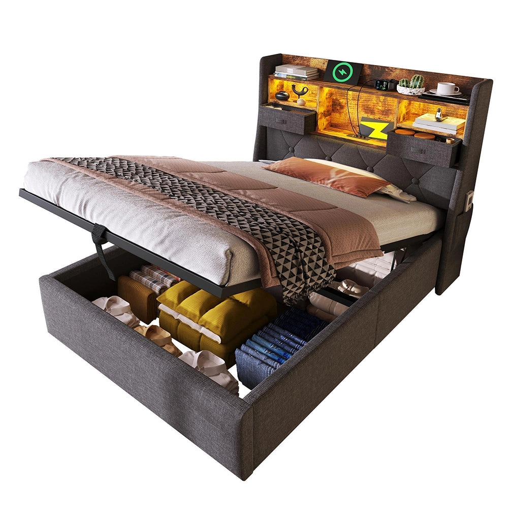 Letto 90x200cm?- Xylo - idraulico 4 USB lino grigio