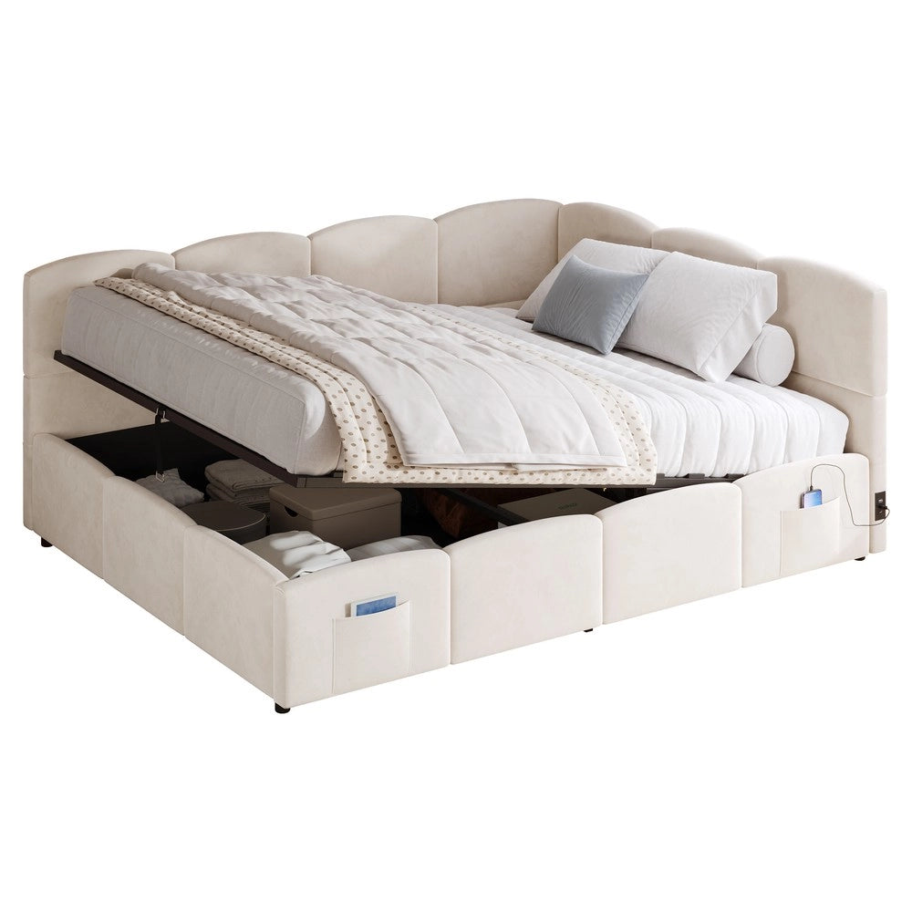 Letto Imbottito Contenitore Singolo 140x200 ¨C Xylo ¨C Velluto Beige con Rete a Doghe
