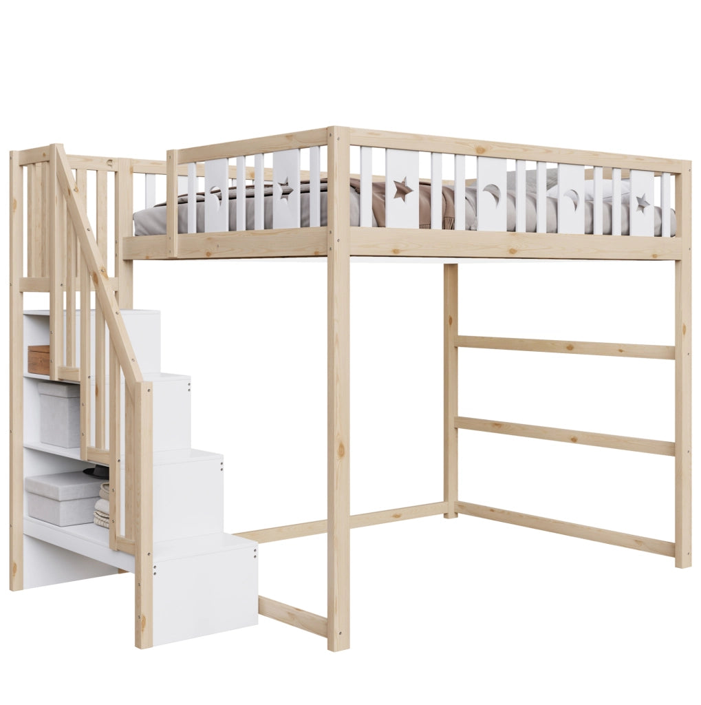Letto a soppalco per bambini 140x200 cm in legno massello; con scala e ripiani; naturale e bianco