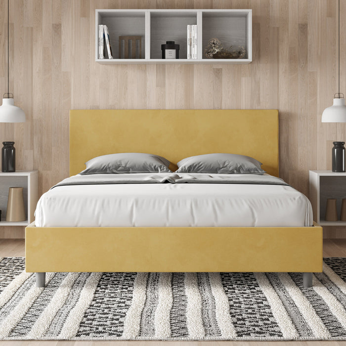 Letto Matrimoniale 160x210 cm con Rete e Contenitore Giroletto con Alzata Comoda Imbottito in Microfibra Adele Ocra