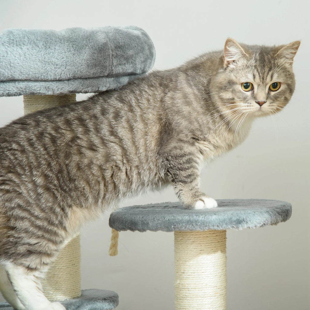 EasyComfort Albero Tiragraffi per Gatti a 3 Livelli con Piattaforme, Lettino e Pali in Sisal, Torre per Gatti con Rivestimento in Peluche, Ø40x65 cm, Grigio