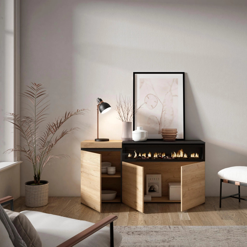 Credenza, Mobile, 150x35x75cm, 3 Porte, Camino elettrico, colore Rovere e nero RF2522