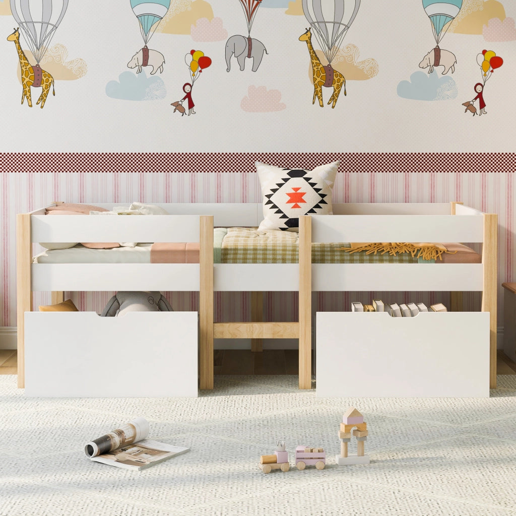 Letto semi-alto per bambini con cassetti e protezione anticaduta, pino massello, 90x190 cm, bianco