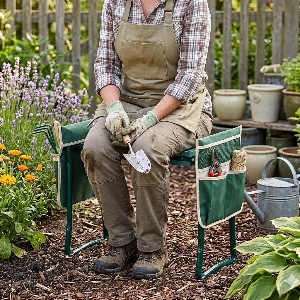 Sgabello Inginocchiatoio da Giardino Pieghevole con Tasche Porta Attrezzi, Ginocchiera Seduta Imbottita Multiuso, Struttura in Metallo Robusta, Supporto per Giardinaggio Ergonomic