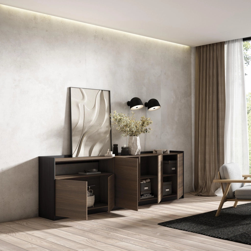 Credenza, Mobile, Cucina, 260x80x37 cm, 5 Porte, grande stoccaggio, Rovere scuro e Nero
