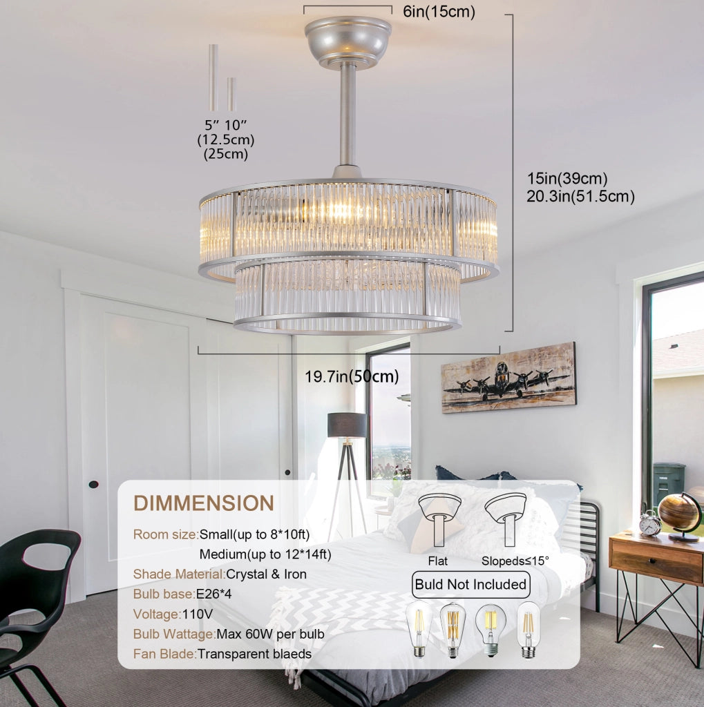 Ventilatore da soffitto ULEVR con cristalli, 6 velocit¨¤, controllo App e telecomando, 4 attacchi E26, argento