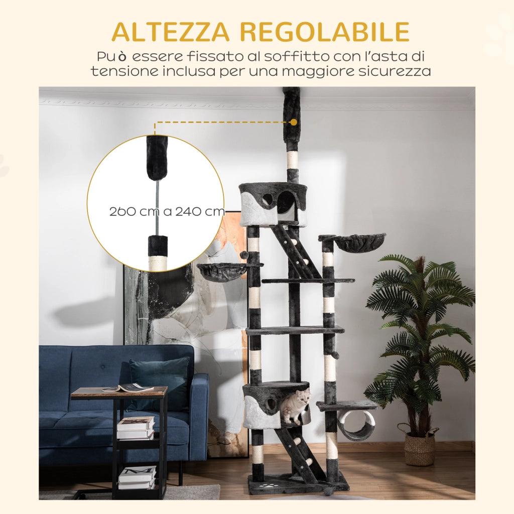 EasyComfort Tiragraffi per Gatti a Soffitto con Altezza Regolabile 240-260 cm, Albero Tiragraffi per Gatti Multilivello con Cucce, Amache e Scale, Corde in Sisal, Grigio Scuro e Bianco