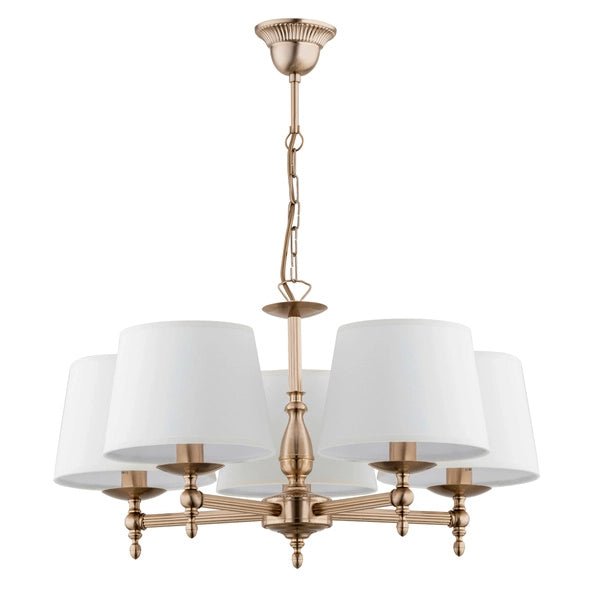 Lampadario sospeso classico oro, paralumi tessuto, 5xE14 Alfa
