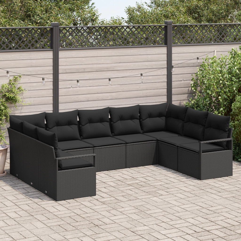 Set Divano da Giardino  9 Pezzi con Cuscini Nero Polirattan