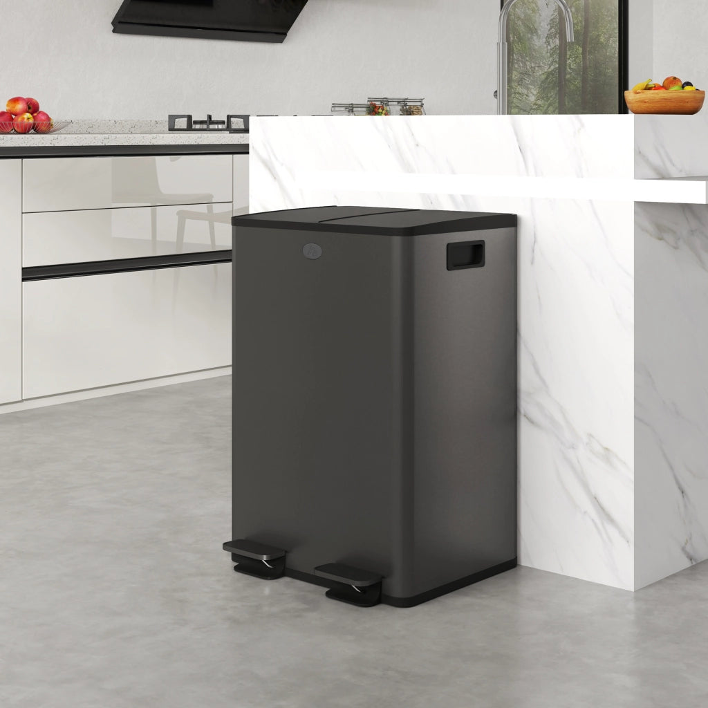 Cestino della cucina 2 compartimenti 2x28L ¨C zephmum ¨C acciaio inossidabile, nero, 45.8x36x67.6cm