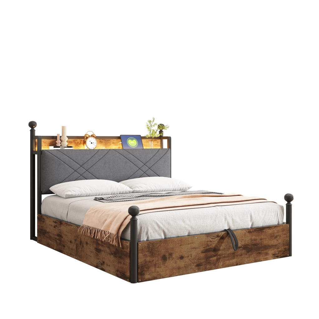 Letto matrimoniale multifunzione con contenitore, LED e porte USB/Type-C