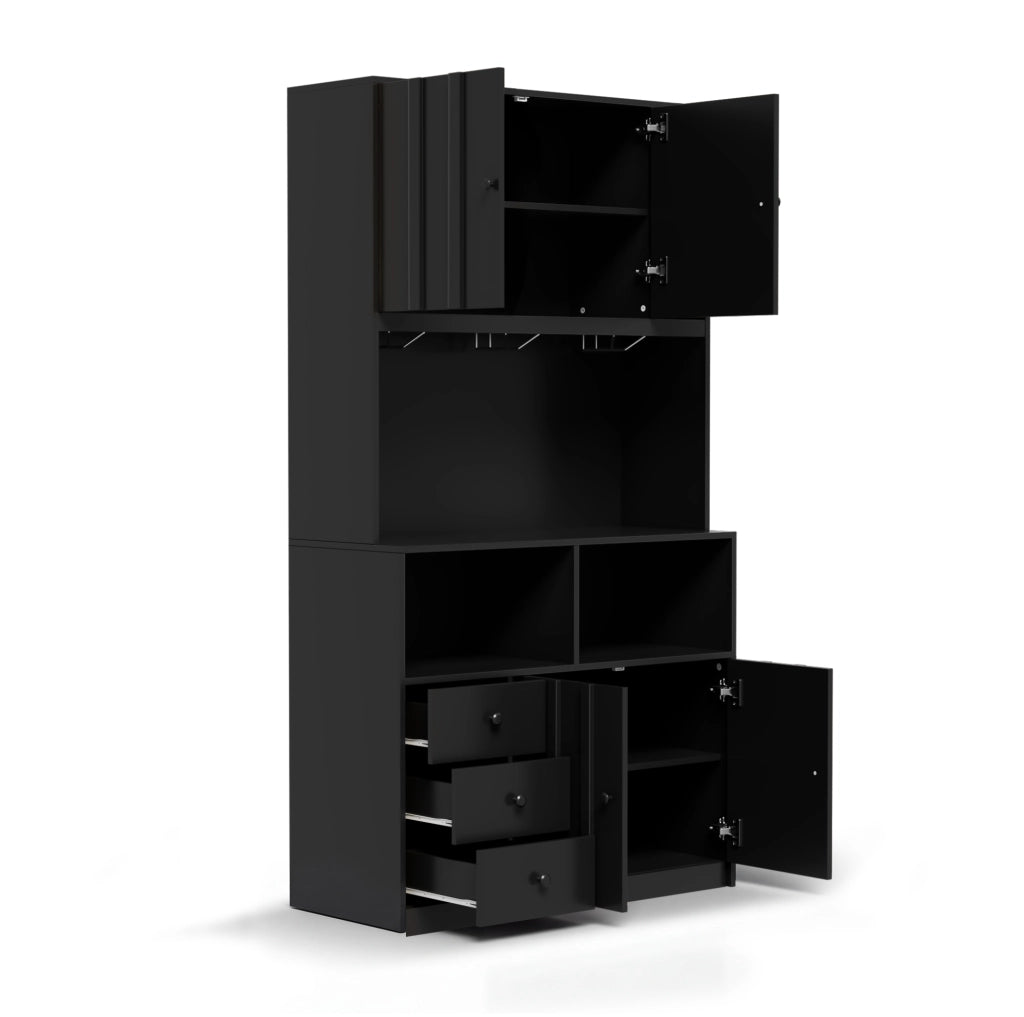Credenza 100x40x180 cm con LED RGB; prese e portabicchieri in MDF nero