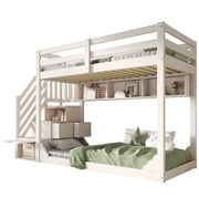 Letto a castello per bambini 90x200 cm con mobile scala e ripiani; legno di pino bianco